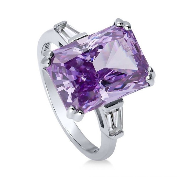 Sterling Silver Radiant Purple CZ 3-Stone Ring - Picture 2 of 4